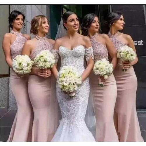 2019 Fashion Pink Bridesmaid Dress Custom Made Long Wedding Events Gown Lace Satin African Bridesmaids Dresses 1 Transactions
