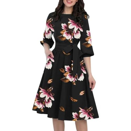 #35 Women Elegant O-Neck Dress Plus Size 5xl Half Sleeve Pocket Sashes Knee-Length Dress Women Dress Autumn Dress Women