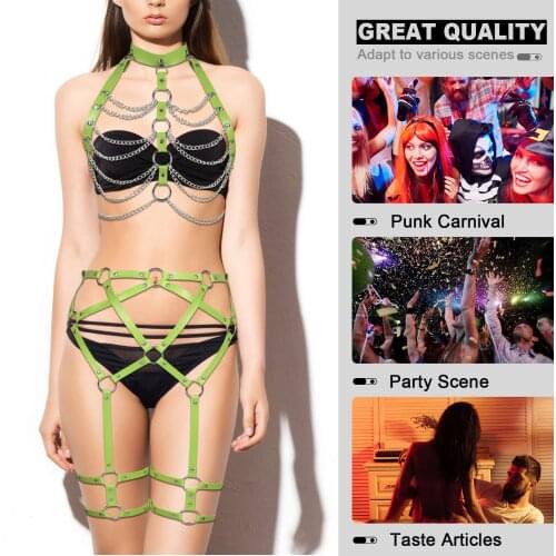 Leather Chain Harness Lingerie Punk Women Rock Club Rave Chain Cage Waist To Leg Harness Garter Belt 2 Pcs Erotic Bondage Set