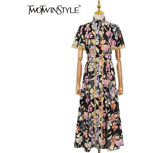 TWOTWINSTYLE Print Vintage Dress For Women Stand Collar Short Sleeve High Waist Pleated Hit Color Dresses Females 2021 New Style