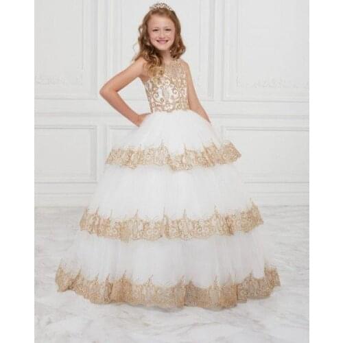 Golden Lace White Princess Ball Gowns Elegant Golden Lace Tiered Girls Ball Gown Girls Celebration Dresses Girls Custom