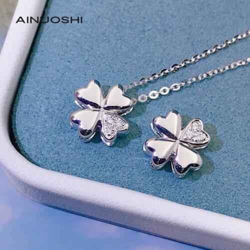 AINUOSHI 18K Gold Round Cut 0.02ct Real Diamond Luck Four Leaf Clover Classic Pendant Necklace Jewelry for Women 18