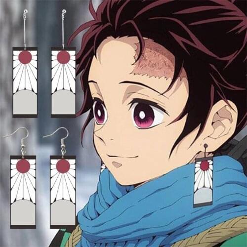 Acrylic Drop Earrings Demon Slayer Kimetsu No Yaiba Kamado Tanjirou Cosplay Ear Clip Jewelry Props Accessories Women Men Gift