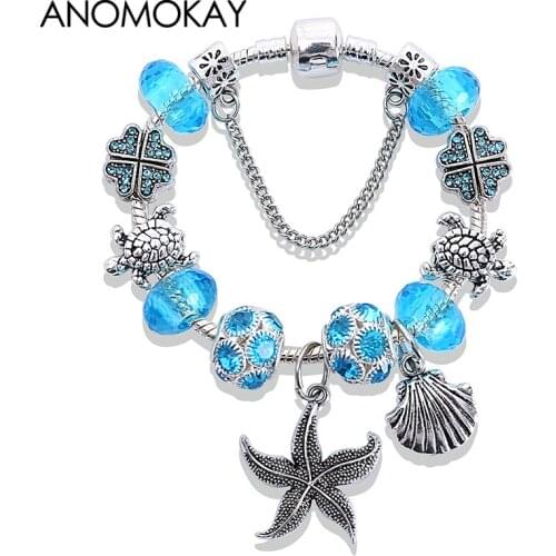 Antique Silver Plated Starfish Turtoise Diy Bead Bracelet Blue Crystal Flower Charm Bracelets & Bangles Child Gift Jewellery