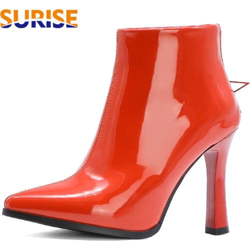 Big Size Winter Plush Women Ankle Boots Red Black Patent Leather High Spike Heel Casual Lady Pointed Toe Star Zipper Short Boots