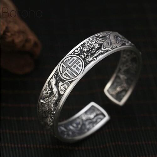 Handmade 100% 999 Silver colour Good Luck Cuff Bracelet Silver Dragon Phonix Thai Silver colour Bangle Love Cuff Bracelet