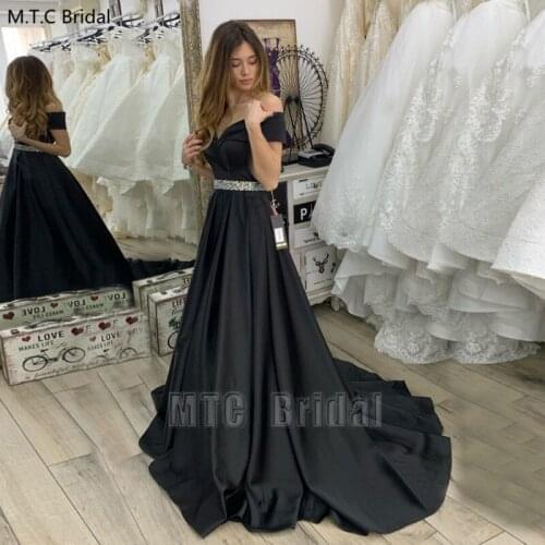 Long Black Satin Prom Dresses With Beading Sashes Off The Shoulder A Line Plus Size Formal Dress Cheap Wedding Party Gowns