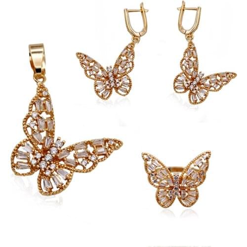 Trendy Gold Natural White Zircon Women Luxury Wedding Fashion Jewelry Sets accessories Butterfly Earrings Rings Necklace Pendant