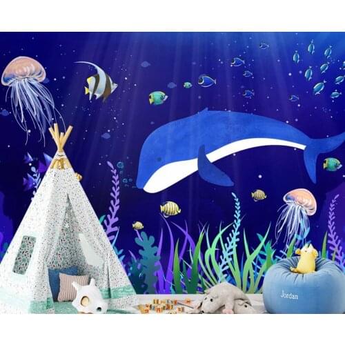 Customized 3D mural wallpaper Nordic simple hand-painted cartoon sea animals and whales children room background wall painting
