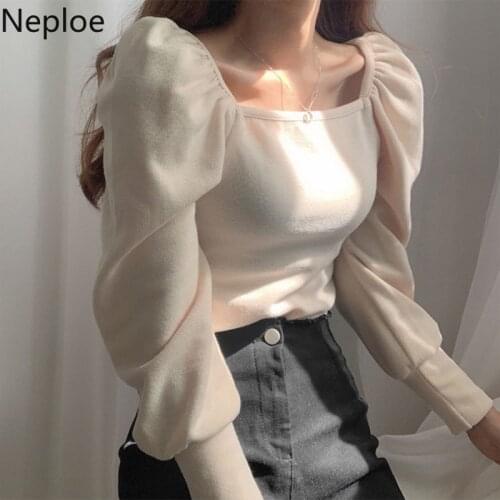 Neploe Autumn Korean Tops Puff Sleeve Sweater Pull Femme Vintage Square Collar Pullover Knitwear Women Slim Thin Sweaters Jumper