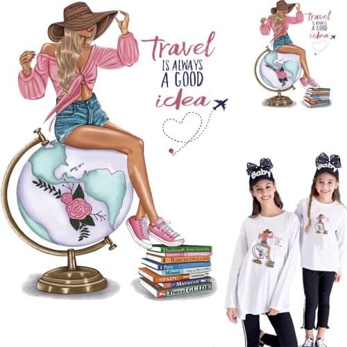 Travel girl on the globe Iron on transfer for clothing vinyl transfer iron on T shirt Stickers patches on clothes thermo Stripes