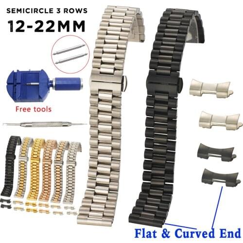 Solid Stainless Steel Watch Band 12mm 13 14 16 17 18mm 19 20mm 21 22mm Replacement Watch Strap 3Rows Wristband Bracelet w/ Tools