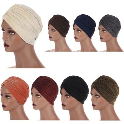 Turban Cap Shiny Shimmer Glitter India Hat Muslim Hijab Women Chemo Headscarf Bonnet Islamic Arab Women Hat Pleated Elastic New