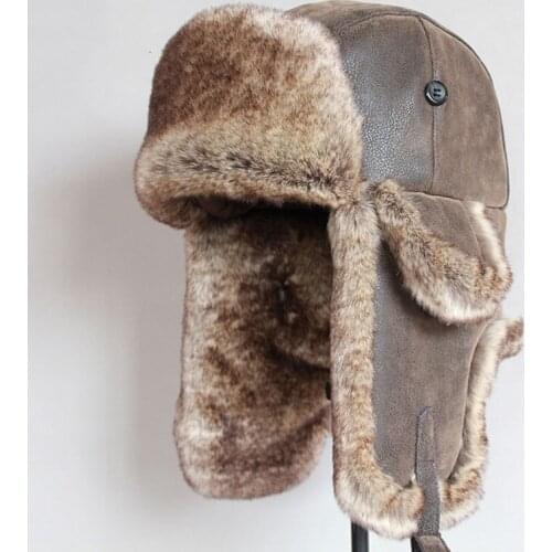 Bomber Hats Winter Men Warm Russian Ushanka Hat with Ear Flap Pu Leather Fur Trapper Cap Earflap