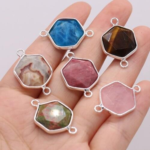 Natural Stone Connector Hexagon Shaped Bag Silver Penh Mix Color For Jewelry Making DIY Bracelet Necklace Earrings Accessories