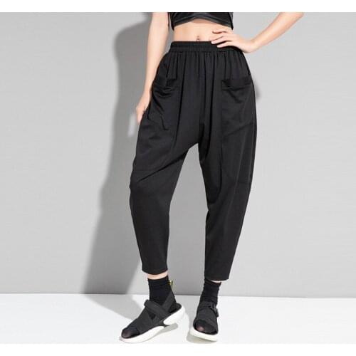 Dark black summer loose size thin Capris Street personality pocket elastic waist slim casual Harem Pants