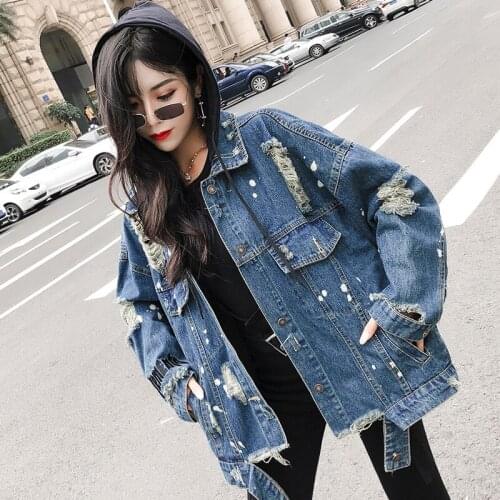 Autumn New Sequins Washed Ripped Hole Hooded Denim Coat Women Streetwear Fashion Single Breasted Blue Jean Jacket M-2XL