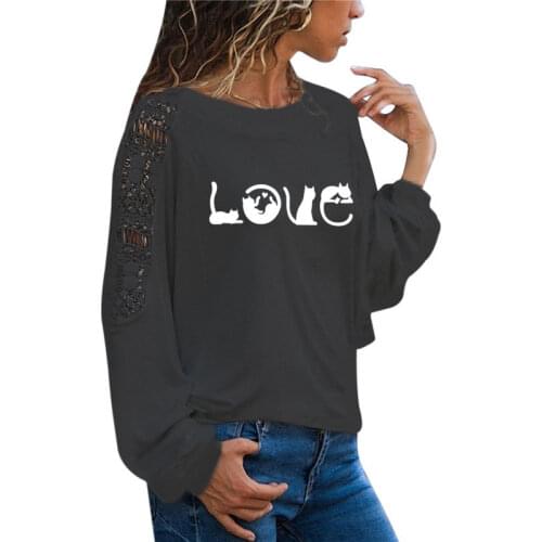 Cats Spell LOVE Fashion Print Female T Shirt Funny Teeshirt Women Clothing Casual Long Sleeve Large Size Loose Lace Tops Tee