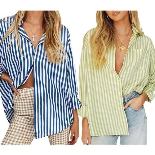 Spring Autumn Women’s Street Plaid Blouse Oversized Boyfriend Shirts Casual Long Sleeve Striped Print Loose Button Down Tops