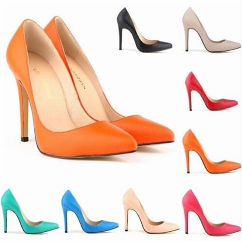 Women Pumps Party Sexy Heeled Shoes Nude Pointed Toe Wedding PU 11CM Thin High heels Slip On 2020 size 35-42 white blue red