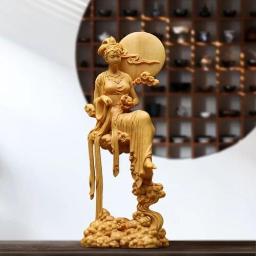 18CM Chinese Fairy Chang'e Rabbit Moon Mid Autumn Festival Wood Carve Creative Characters Carving Crafts Home Decorations