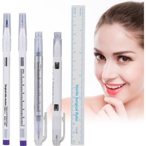 2 Sets Disposable Tattoo Skin Marker Pen 4 Types Waterproof Surgical Piercing Tool + Measure Ruler Makeup Positioning Accessory