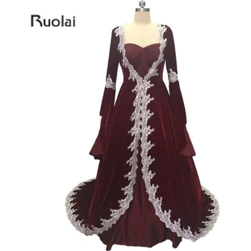 2017 New Arrival Elegant Wine Red Ball Gown Muslim Velour Evening Dress Lace Appliques Long Sleeves Prom Party Dress Customize