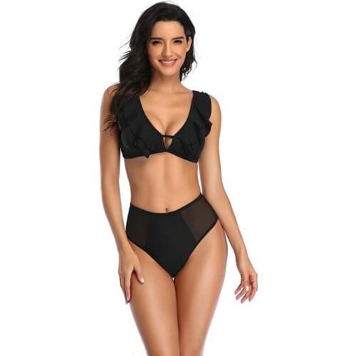 2021 New Swimsuit Sexy Double Flying Mesh Solid Color Bikini in Europe and America