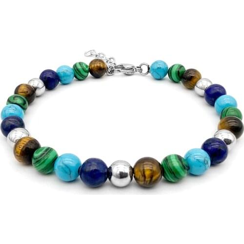 Runda Mens and Womens Fashion Jewelry Natural Stone, Rosary, TigersEye, Malachite, Stainless Steel Bracelet