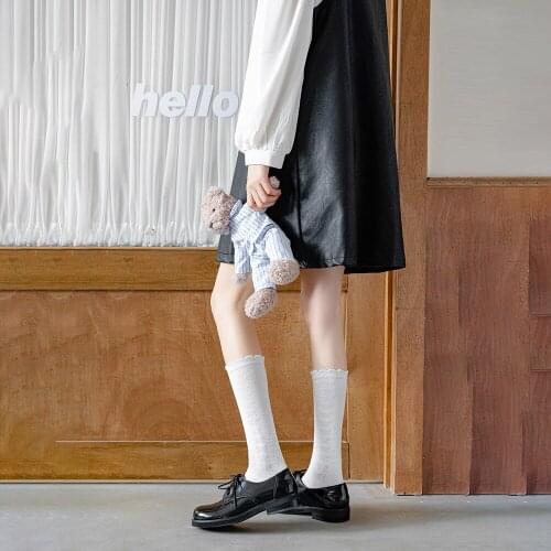 Black and White Solid Color Ladies Calf High Socks Harajuku Bubble Mouth Spring and Summer Thin Bow College Style Cute Stockings