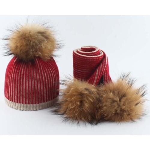 Kids Real Fur Pompom Scarves Set Suit Khildren Knitting Beanie Hats Baby Boys Girls Hats Scarf Winter Warm 2020