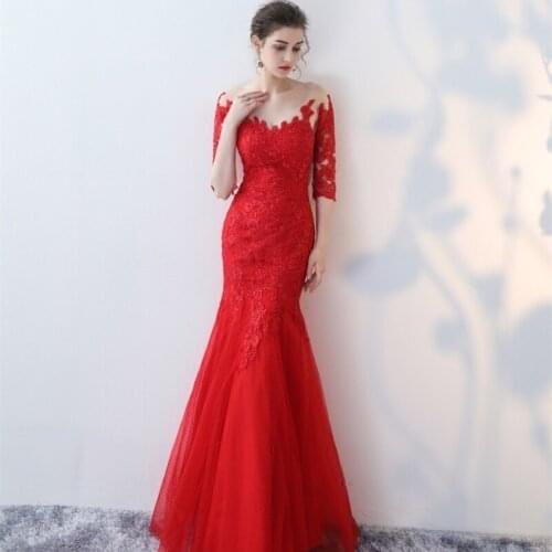 Red Lace Long Mermaid Wedding Banquet Dress One-shoulder Wedding Toast Dres S Slim and Thin Host Queen Evening Dress A031