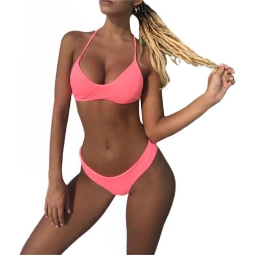 Swimsuit for Women Bikinis Sets Solid Color Deep V-neck Padded Bikini + Elastic Waist Panties Summer Swimming Set Women Biquini