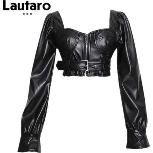 Lautaro Y2k Black Faux Leather Crop Top Women Square Neck Long Sleeve Zipper Cropped Jacket 2021 Plus Size Sexy Backless Fashion
