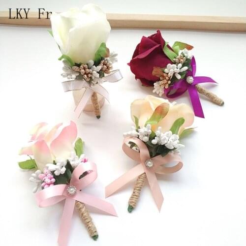 LKY Fr Boutonniere Corsage Pin Flowers Wedding Groom Boutonniere Buttonhole Bridesmaid Flowers Bracelet Wedding Witness Corsages