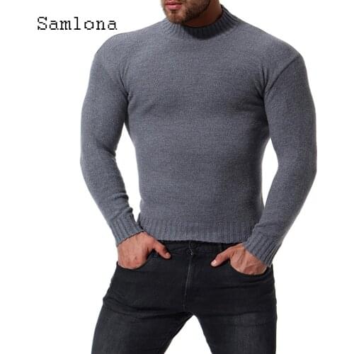Samlona Fashion Knitted Sweater Male Streetwear Long Sleeve Top Casual Pullovers Sexy Men Clothing 2021Autumn Skinny Sweaters
