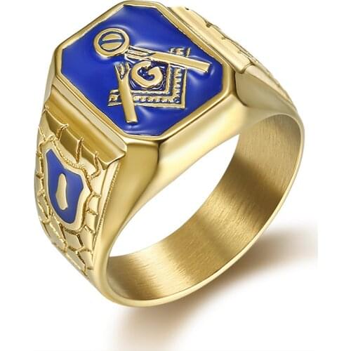 New arrival 8 to 14 size Blue Enamel Masonic Rings Stainless Steel Gold Masonic Rings For Male Party Wedding Bands AG Rings