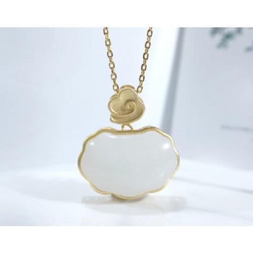 S925 Sterling Silver 18k Gold Plated Necklace Womens Natural Hetian White Jade Ruyi Pendant Pendant