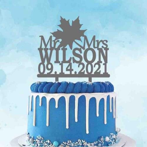 Personalized Autumn Wedding Cake Topper Custom Name Date Maple Leaf Cake Topper For Outdoor Wedding Party Cake Decoration