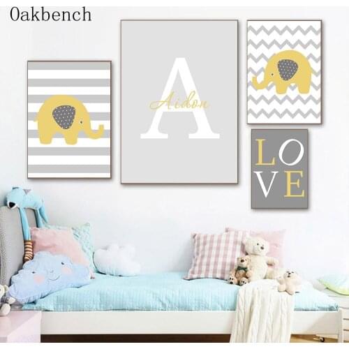Custom Name Initial Letter Posters Elephant Animals Print Baby Nursery Wall Canvas Painting Nordic Art Pictures Boys Room Decor