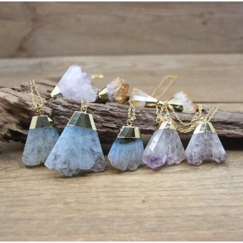 Raw Amethysts Citrines Geode Druzy Pendants Gold Chains,Healing Crystal Natural Quartz Drusy Charm Necklace Women Jewelry,QC3028