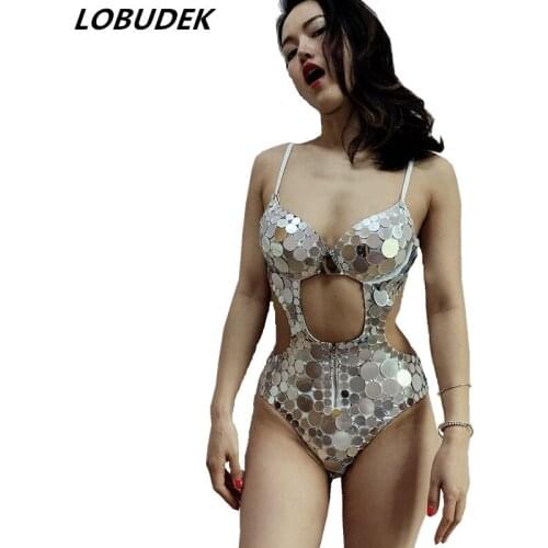 Silver Mirrors Sequins Bodysuit Bar Nightclub Singer DJ DS Hollow Backless Costume Pole Dancing Performance Dance Stage Wears