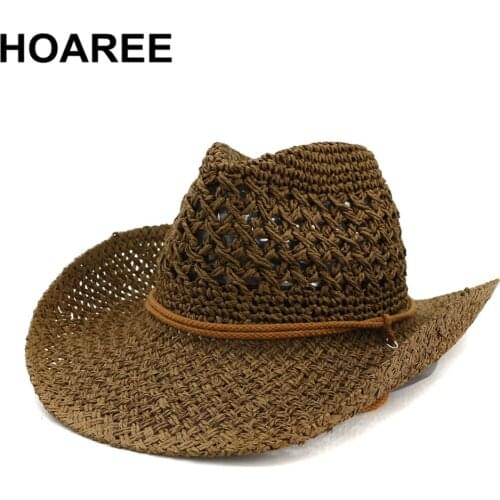HOAREE Western Cowboy Hat Women Sun Hat Cowgirl Summer Hats for Men Hollow Out Lady Straw Hat Brown Beach Cap Panama
