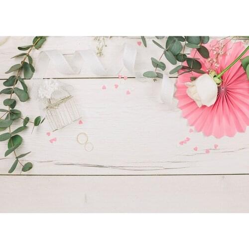 Flower Leaves Ribbon White Wood Board Photo Backdrop Vinyl Photography Background for Wedding Lovers Valentines Day Photobooth