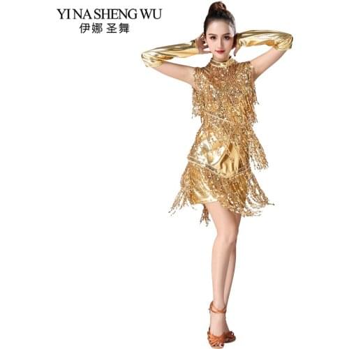 Latin Dance Clothes Women Latin Dance Stage Performance Competition Dress Dance Sequin Fringed Costume Skirt With Glove Necklace