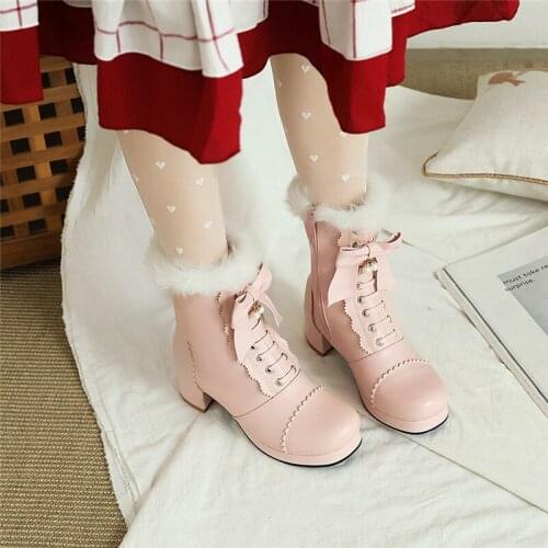 YQBTDL Pink White Black Chunky High Heel Lolita Shoes Butterfly-knot Faux Fur Tassel Womens Cosplay Princess Ankle Boots Winter