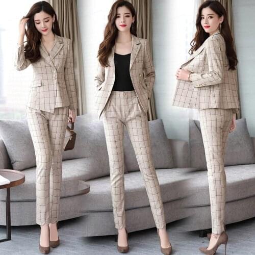 Ladies suit autumn and winter new fashion temperament hipster plaid suit pants pants set two sets of wild womens clothing