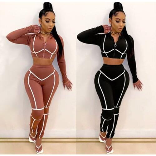 2021 Women Tracksuit Two Piece Set Hoodie Zip Up Tops Coat High Waist Pants Bottoms Bright Line Patchwork Casual Sportwear