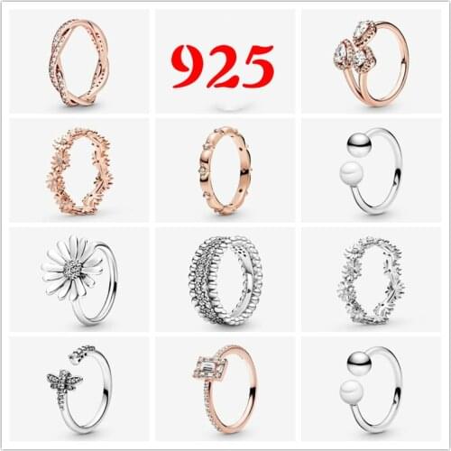 925 Sterling Silver pan Ring Dazzling Daisy Flower With Crystal Rings For Women Wedding Party Jewelry