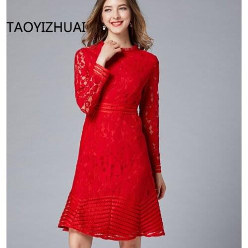 TAOYIZHUAI 2019 new autumn large size L geometry red dress full sleeve O-neck retro slim lace dress party female 16214